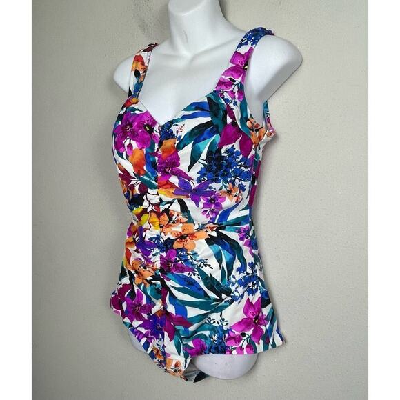 Maxine of Hollywood One Piece Swimsuit Size 14 Ruched Modest Retro Colorful - Picture 6 of 9